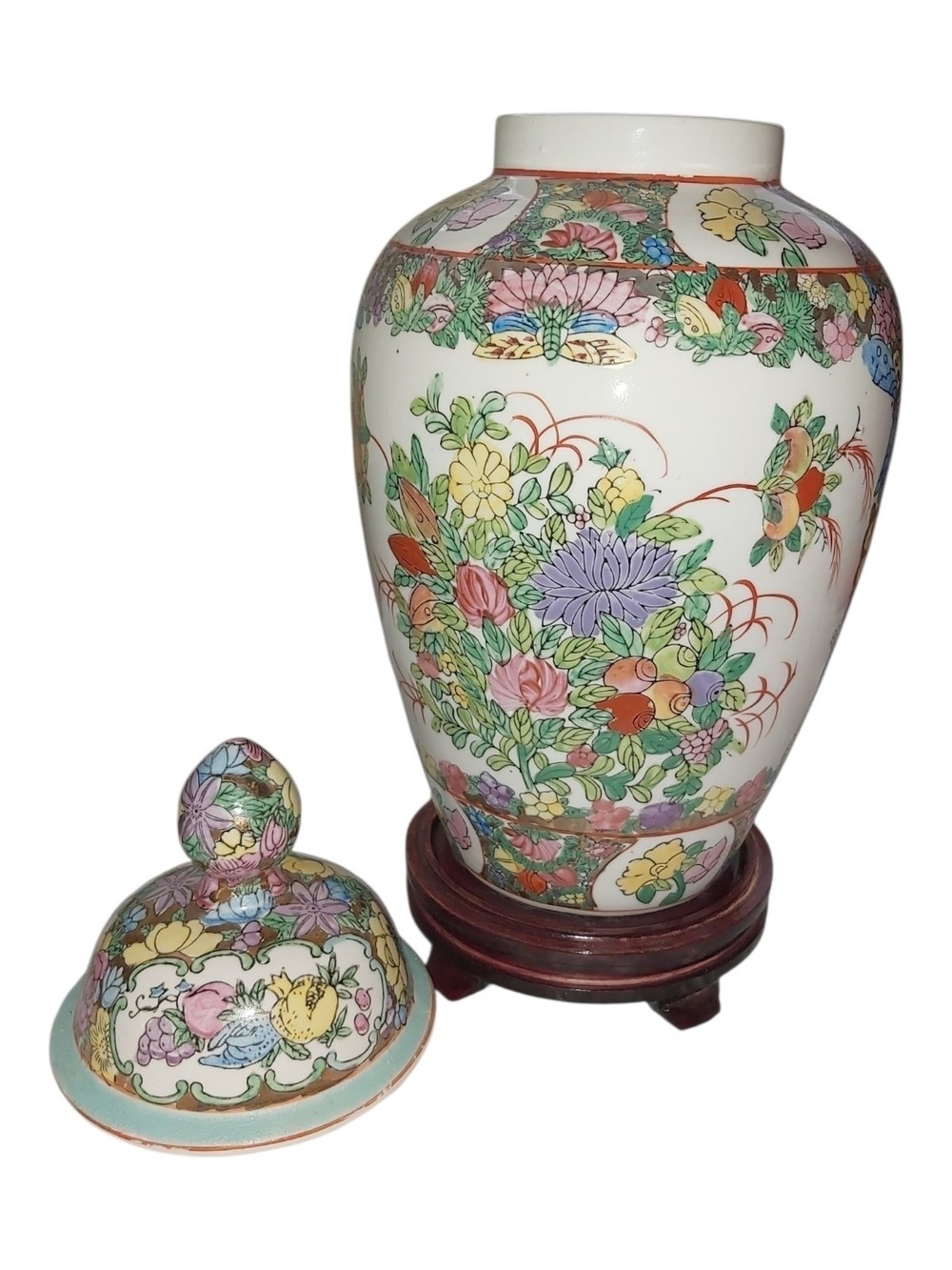 Vintage Chinese Famille Rose Temple Jar with Lid Wood Stand Hand Painted Rose